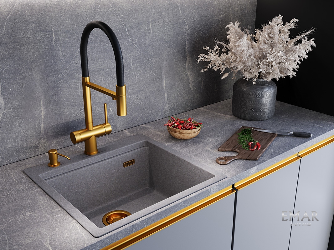 Смеситель кухонный EMAR ЕС - 7024 PVD Golden с гибким изливом под фильтр
