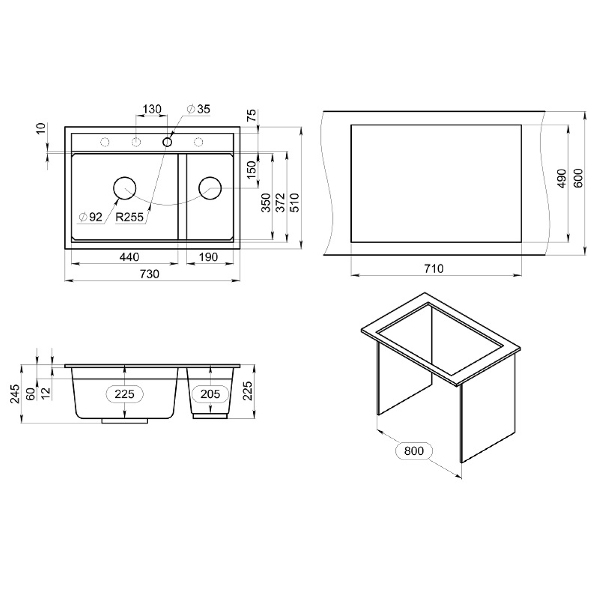 Мойка для кухни Granula Kitchen Space 7302i шварц, 73х51 см, прямоугольная