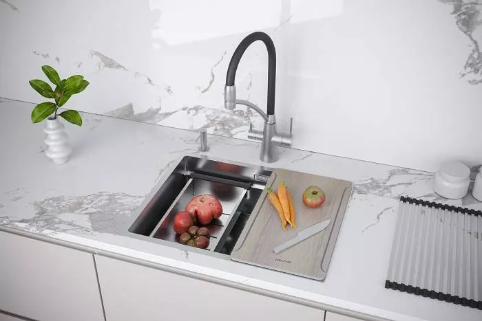 Кухонная мойка Paulmark NEXT-MULTI SINK 58-L UNI, брашированная сталь, выпуск слева, 580х450мм, артикул PM785845-L-BS