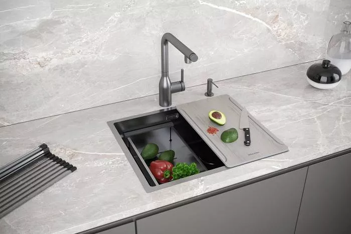 Кухонная мойка Paulmark NEXT-MULTI SINK 54-L UNI, вороненая сталь, 540х450мм, PM785445-L-GM