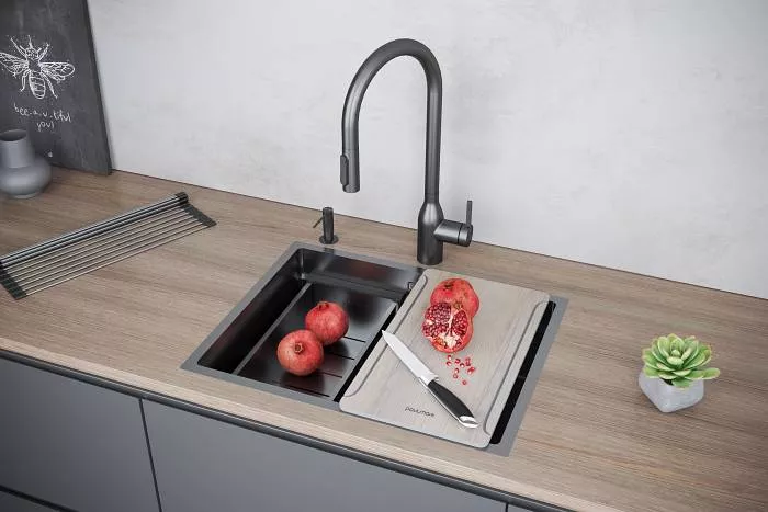 Кухонная мойка Paulmark NEXT-MULTI SINK 58-L UNI, вороненая сталь, выпуск слева, 580х450мм, PM785845-L-GM