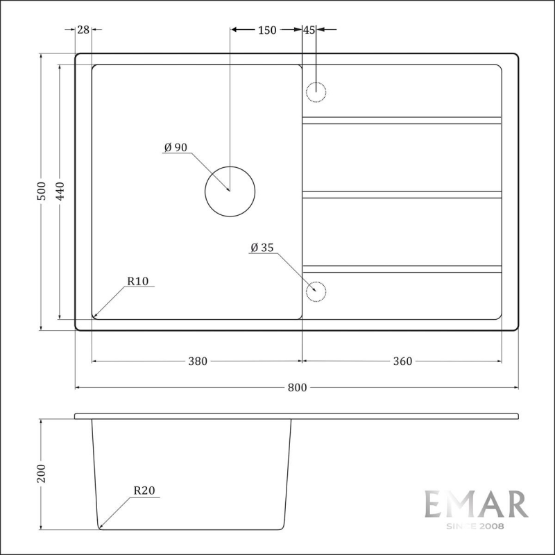 Кухонная мойка EMAR EMQ-1800.Q гранитная мойка, Морион