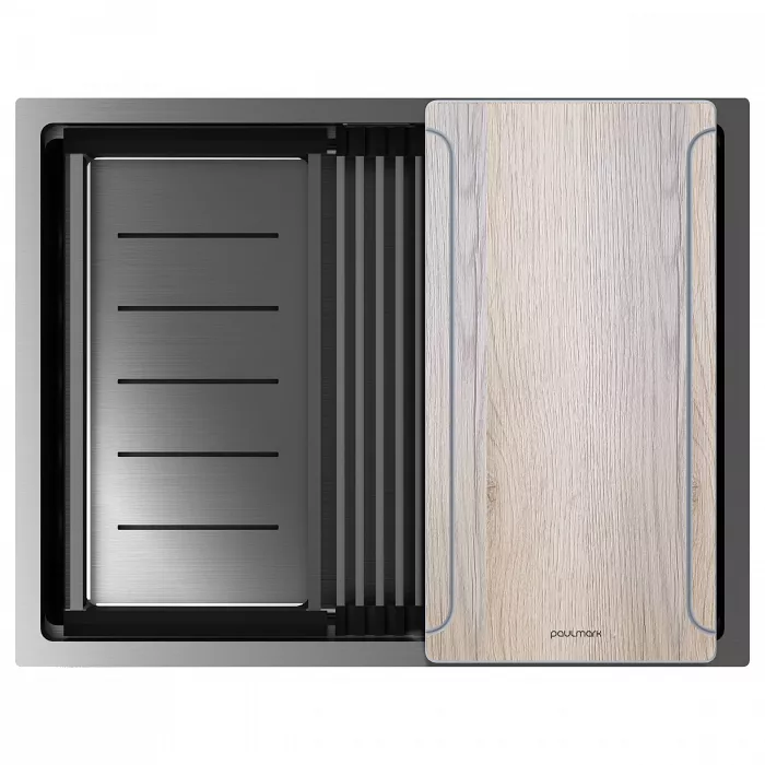 Кухонная мойка Paulmark NEXT-MULTI SINK 58-L UNI, вороненая сталь, выпуск слева, 580х450мм, PM785845-L-GM