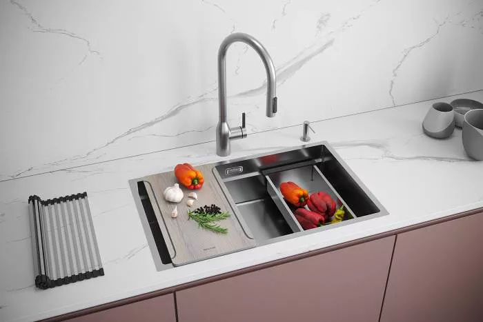Кухонная мойка Paulmark NEXT-MULTI SINK 74-L UNI, брашированная сталь, выпуск слева, 740х450мм, PM787445-L-BS