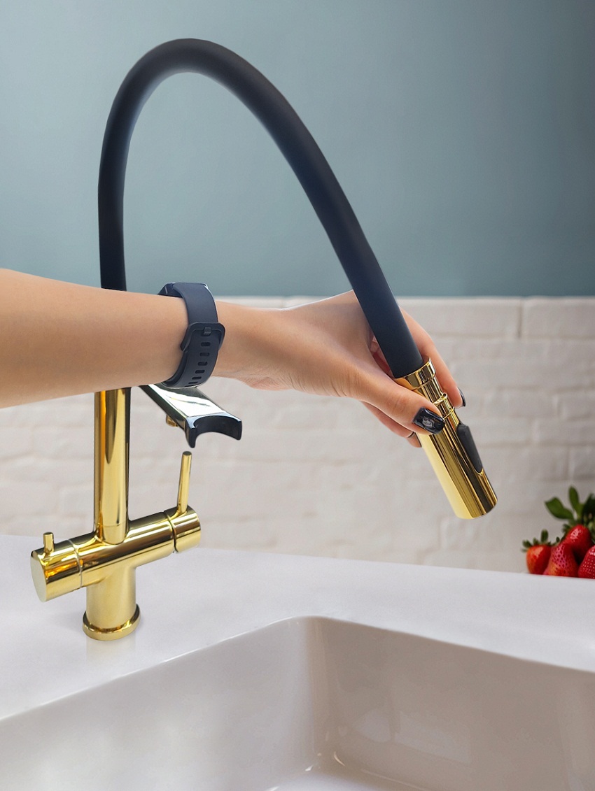 Смеситель для кухни с гибким изливом AltroBagno Flusso 050205 Or