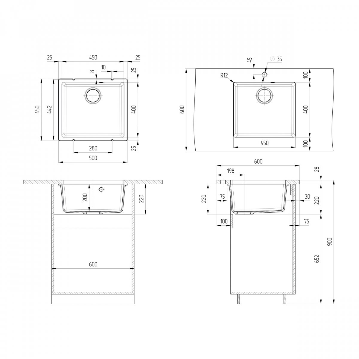 Кухонная мойка Ulgran Quartz Under 450-09, асфальт