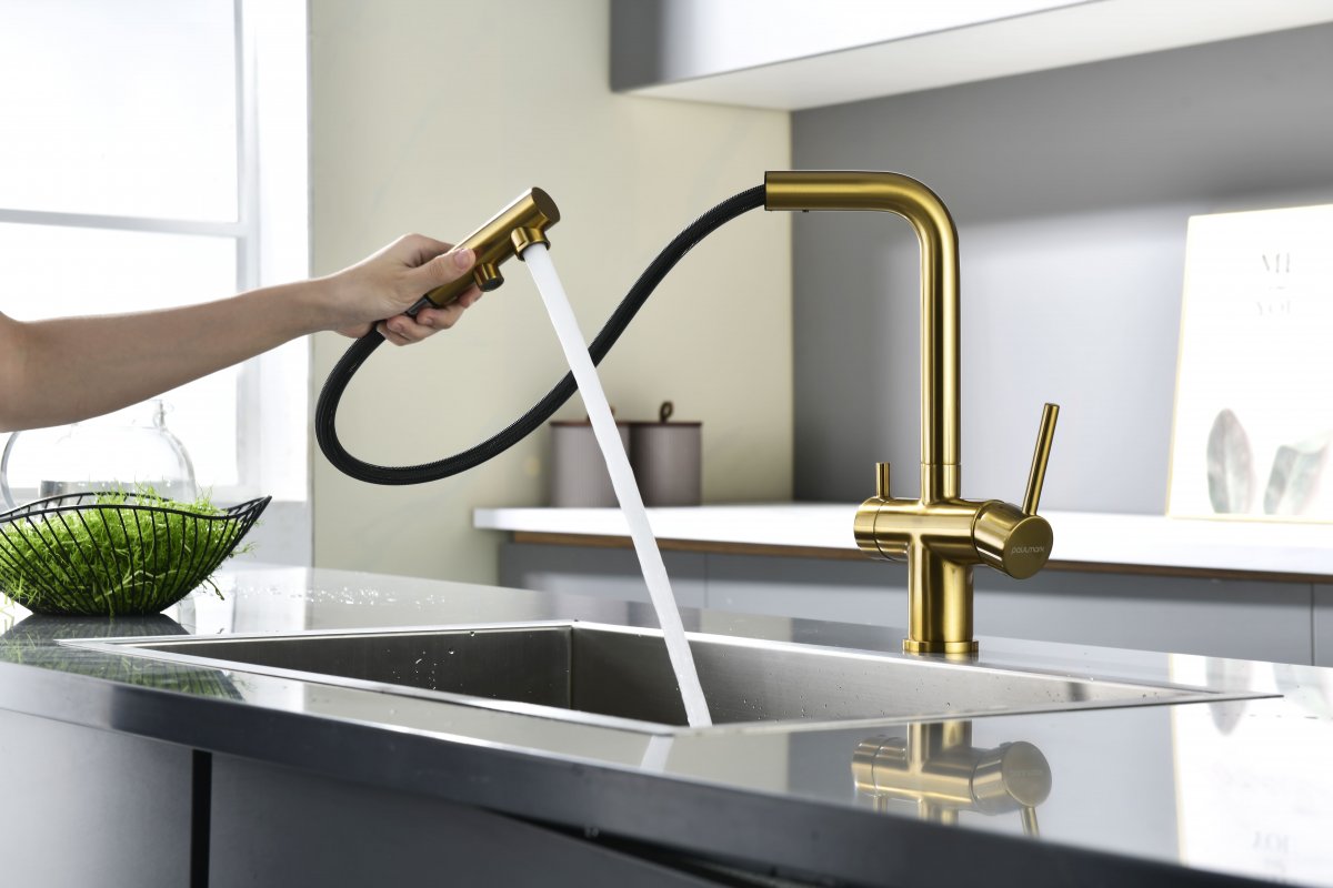 Смеситель для кухни Paulmark SERPENTINE, брашированное золото, Se213222-BG
