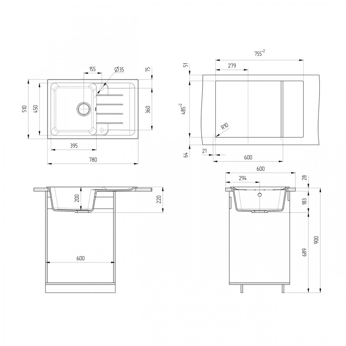 Кухонная мойка Ulgran Quartz Gerda 780-05, бетон