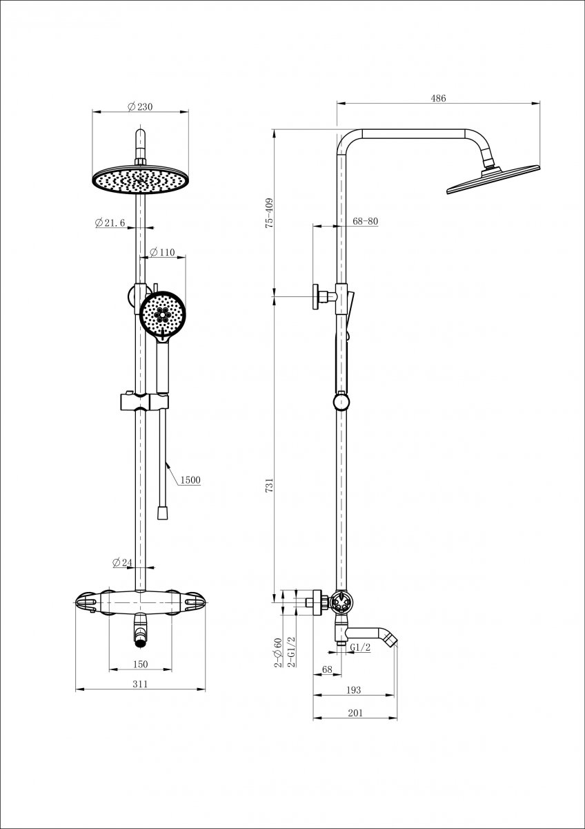 Душевая система с термостатом WONZON & WOGHAND CAPSULE, Черный матовый (WW-B3031-A1-MB)