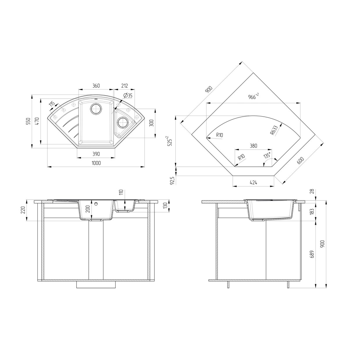 Кухонная мойка Ulgran Quartz Marta 1000-09, асфальт