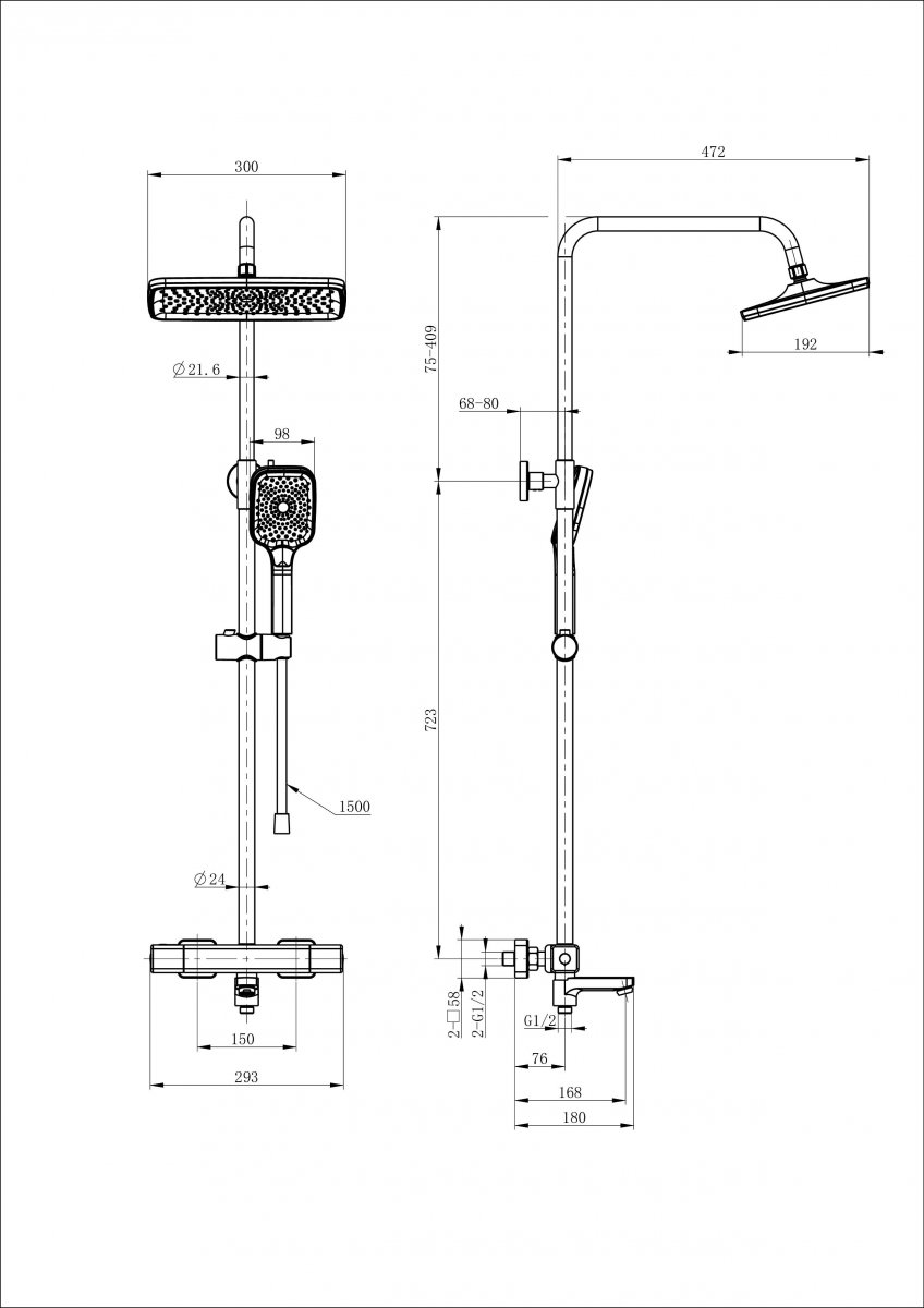 Душевая система с термостатом WONZON & WOGHAND STAY 2, Черный матовый (WW-B3016-T1-MB)