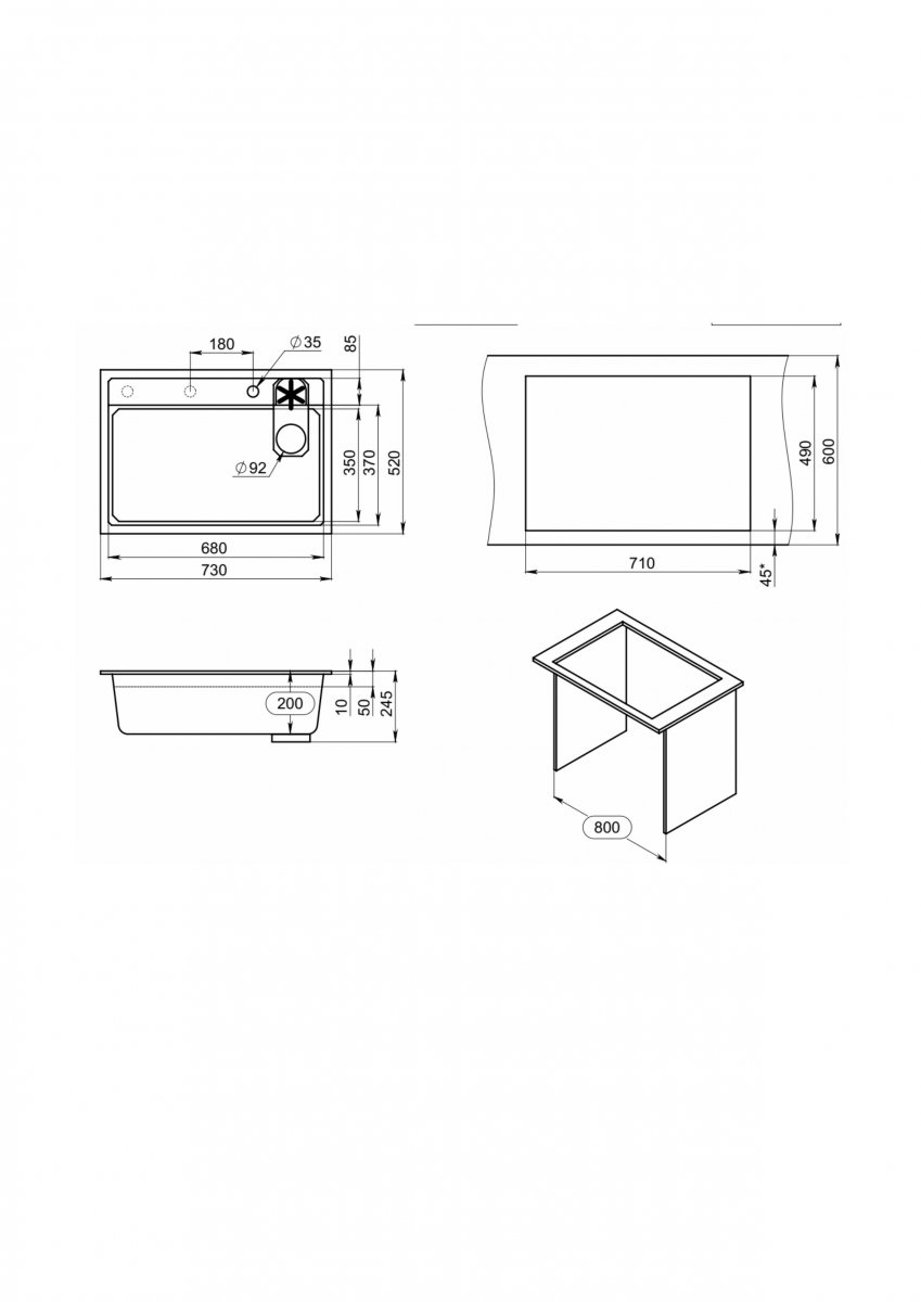 Мойка для кухни Granula Kitchen Space Rinzer 7308R алюминиум, 73х52 см, прямоугольная