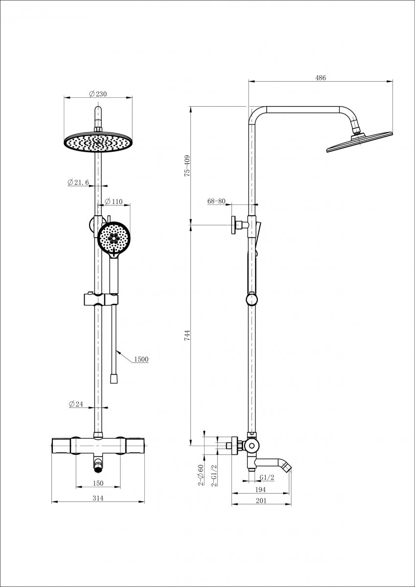 Душевая система с термостатом WONZON & WOGHAND INN 2, Хром (WW-A3006-T1-CR)